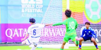 Ilonggo striker Nathan Caligdong scores his third goal of the tournament as the Philippine Under-15 men’s national football team defeats Macau, 2-0, for its third consecutive victory in the FIFA U15 World Cup and Festival in Baku, Azerbaijan. PFF