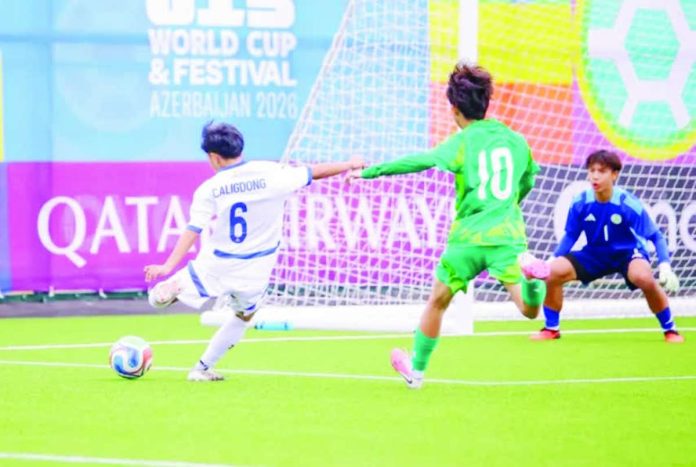 Ilonggo striker Nathan Caligdong scores his third goal of the tournament as the Philippine Under-15 men’s national football team defeats Macau, 2-0, for its third consecutive victory in the FIFA U15 World Cup and Festival in Baku, Azerbaijan. PFF