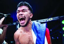 Filipino champion Rolando “The Incredible” Dy successfully defends his BKB Super Welterweight World Championship with a third-round stoppage of British challenger Scott McHugh at BKB 60 in Newcastle, England. PHOTO COURTESY OF TAPOLOGY