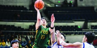 Far Eastern University Tamaraws’ Janrey Pasaol attempts a one-handed shot against Adamson University during their UAAP Season 89 men’s basketball encounter at the Smart Araneta Coliseum. FEU snapped a three-game losing streak with a 73-66 victory to bolster its Final Four aspirations. UAAP