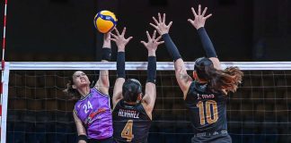Choco Mucho Flying Titans’ Caitlin Viray scores against the defense of Galeries Tower Highrisers during their 2026-27 PVL All-Filipino Conference encounter at the Ninoy Aquino Stadium in Manila. PVL
