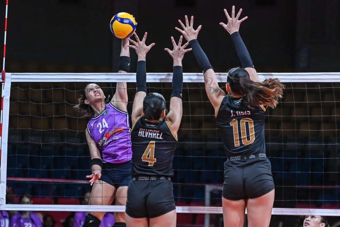 sports_Flying.JPG_resized Choco Mucho Flying Titans’ Caitlin Viray scores against the defense of Galeries Tower Highrisers during their 2026-27 PVL All-Filipino Conference encounter at the Ninoy Aquino Stadium in Manila. PVL