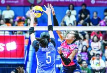 Negrense Bernadeth Pons of the Creamline Cool Smashers scores against the defense of Ilongga Glaudine Trongcoso of the ZUS Coffee Thunderbelles during their PVL 2026-27 All-Filipino Conference encounter. PVL