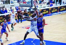 TNT Tropang 5G import Rondae Hollis-Jefferson attacks the basket against Magnolia Chicken Timplados Hotshots defender KJ Buffen during Game 1 of their PBA Governors’ Cup quarterfinal series. PBA