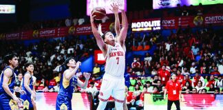 San Beda University Red Lions’ John Bismarck Lina eludes the defense of the Jose Rizal University Heavy Bombers for an inside basket during their NCAA Season 102 men’s basketball encounter. NCAA
