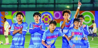 Members of the Philippine Under-15 Men’s National Football Team celebrate their emphatic 8-1 victory over Curacao in the FIFA U15 World Cup and Festival in Baku, Azerbaijan. PFF