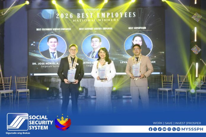 sss (From left) Dr. Jose Noriel A. Fabroa, Medical Specialist II of the Medical Operations Department; Levana M. Langgaman, Corporate Executive Officer II of the Branch Accounting Department; and Jetro O. Taniegra, Human Resource Specialist of the Performance Management and Employee Relations Department